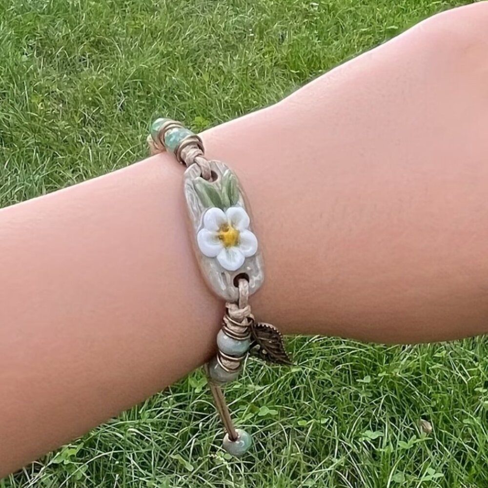 Blossom Spirit Boho Bracelet Ceramic Flower Center Artistic Metal Accents